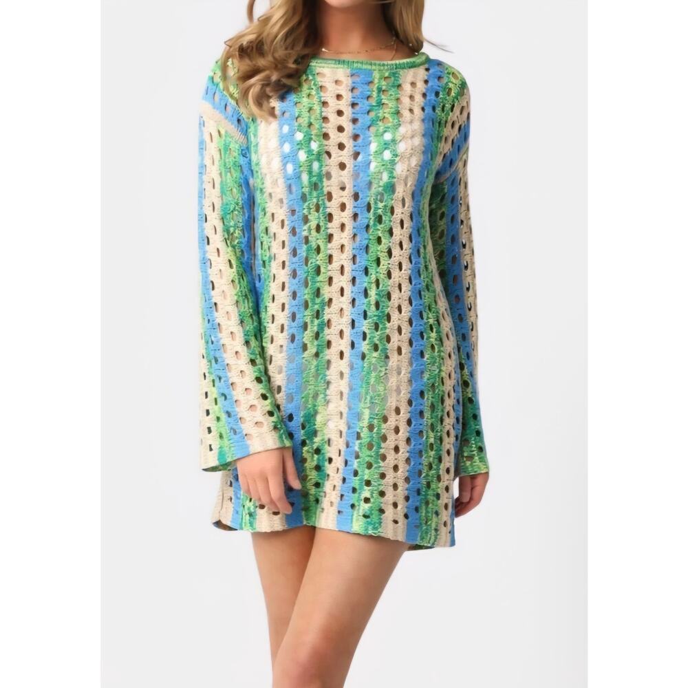 Olivaceous Phoenix Open Knit Crochet Dress Swim Coverup Green Blue Striped L NWT